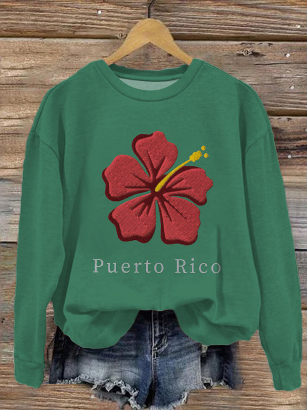 Blusa informal de manga larga con estampado de flores del estado de Puerto Rico 