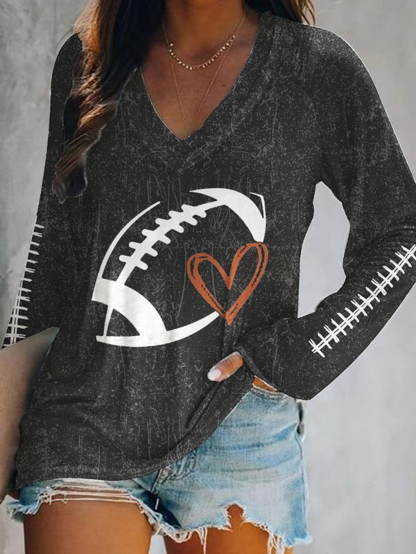 Fashionable Retro Football Print V-Neck Long Sleeve Top