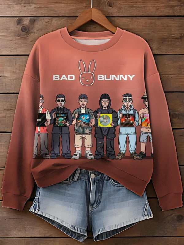 Cool Bad Bunny Printed Long Sleeve Casual Top