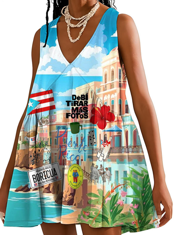 Puerto Rican Print V-neck Sleeveless Dress