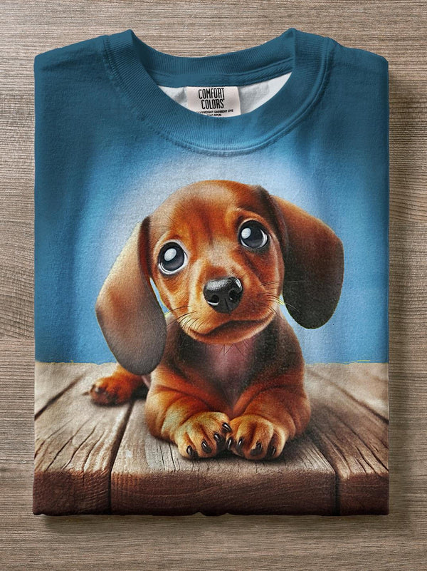 Cute Puppy Tilted Head Print Crew Neck T-shirt