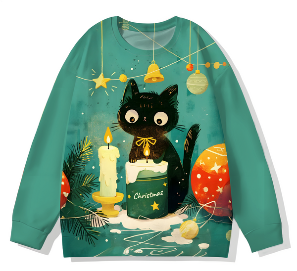 Retro Funny Christmas Cat Printed Long Sleeve Casual Top
