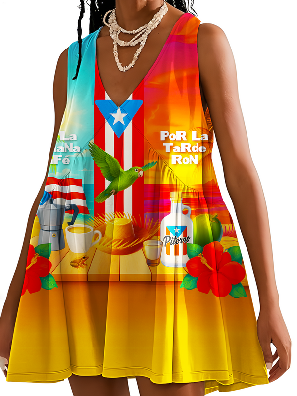 Puerto Rican Coffee V-neck Sleeveless Dress