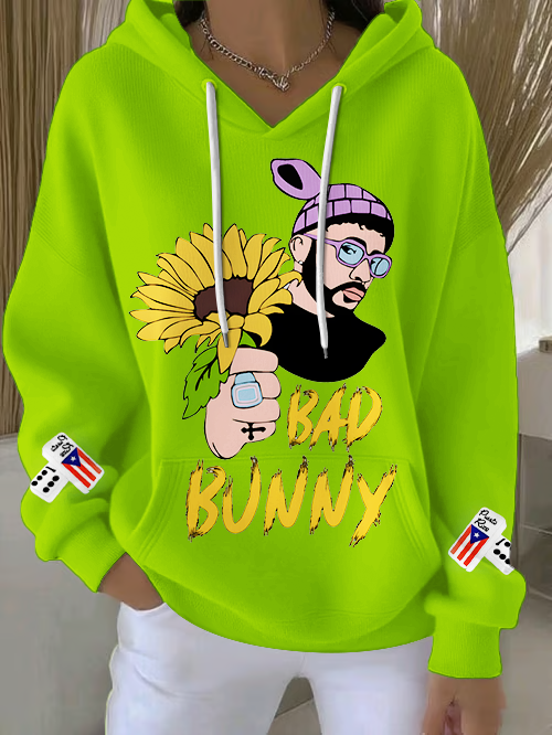 Bad Bunny Dodgers Sunflower Loose Fit Hooded Sweatshirt With Pockets