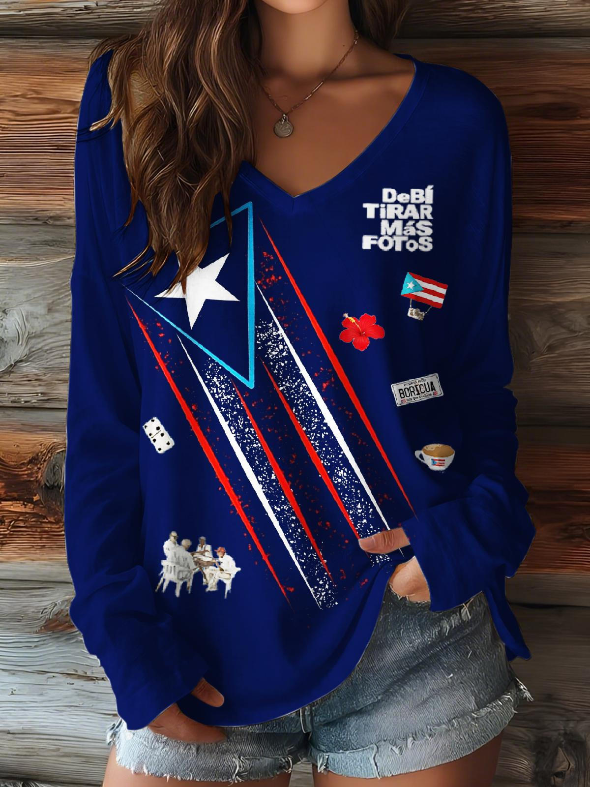 Puerto Rico V-neck Long Sleeve Top