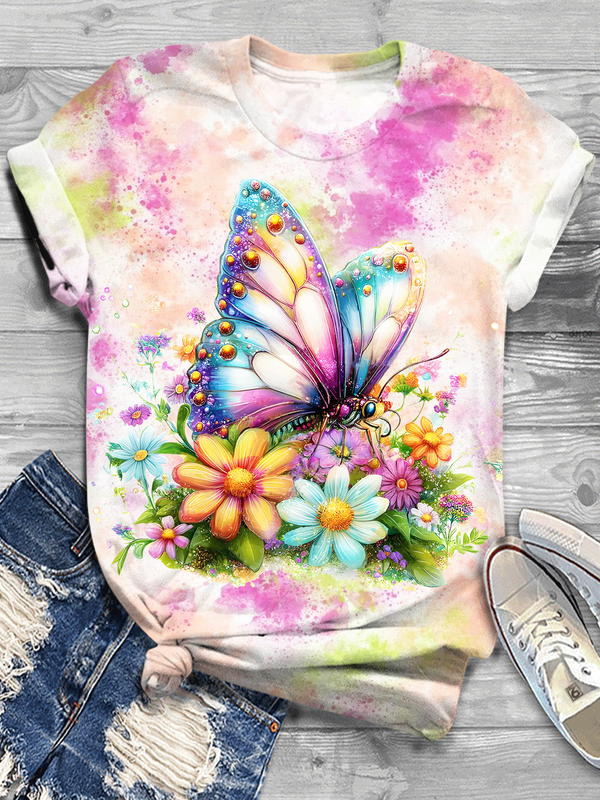 Tie-dye Floral Butterfly Art Crew Neck T-shirt