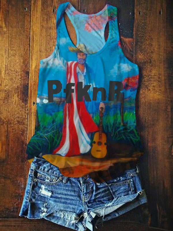 Unique Print Women's Tank Top Vintage Guitar Man Graphic Art Top