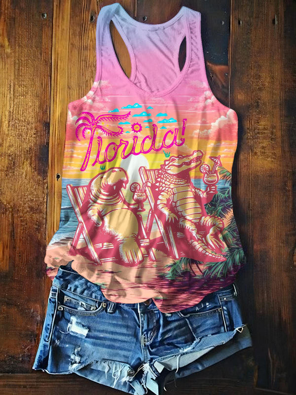 Florida Manatee Alligator Print Casual Tank Top