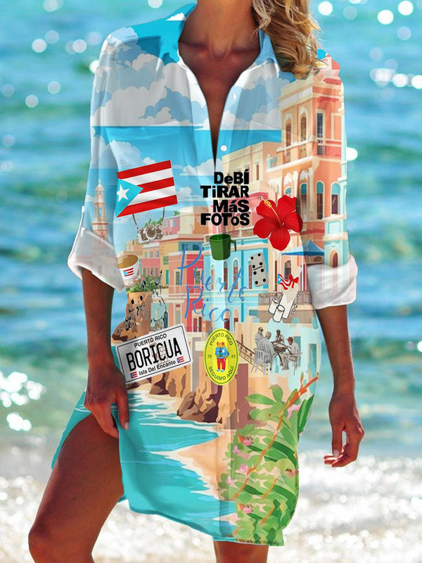 Badbunny Puerto Rican Print Long Sleeve Beach Shirt Dress