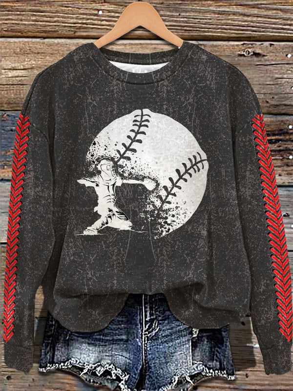 Camiseta casual de manga larga con estampado de béisbol texturizado retro 