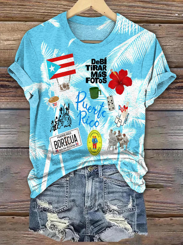 Coconut Tree Puerto Rico Printed Crew Neck T-shirt
