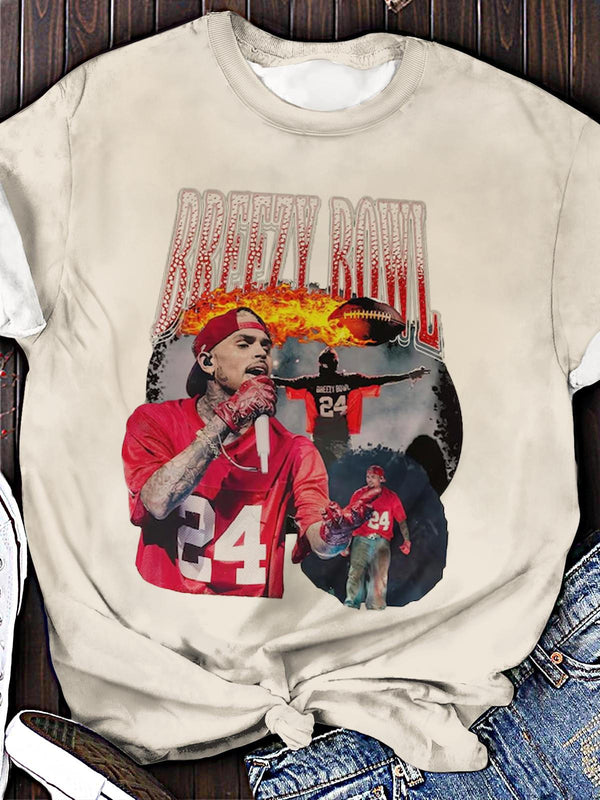 Camiseta de cuello redondo con estampado de retrato de cantante rojo de Chris Brown 