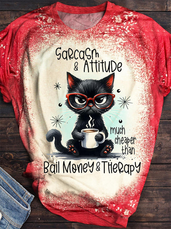 Sarcasm Attitude Angry Cat Print Crew Neck T-shirt