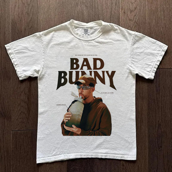 Bad Bunny Portrait Print Crew Neck T-shirts