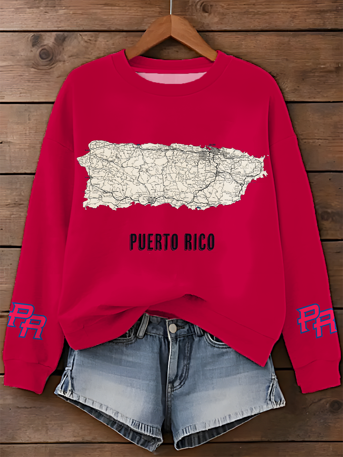 Puerto Rico Road Map Printed Long Sleeve Casual Top