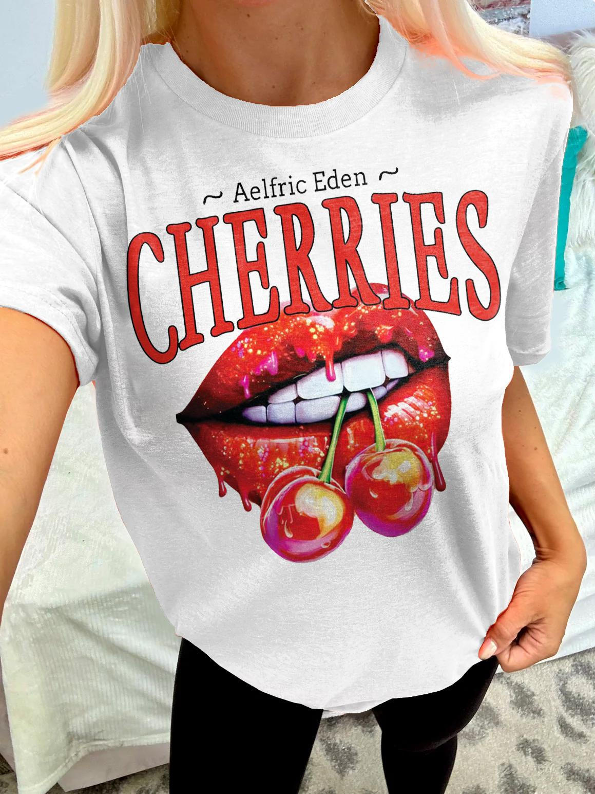 Cherry Red Lip Print Crew Neck T-shirt