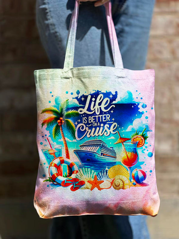 Life Is Better on A Cruise Tie Dye Shoulder Zipper Canvas Bag