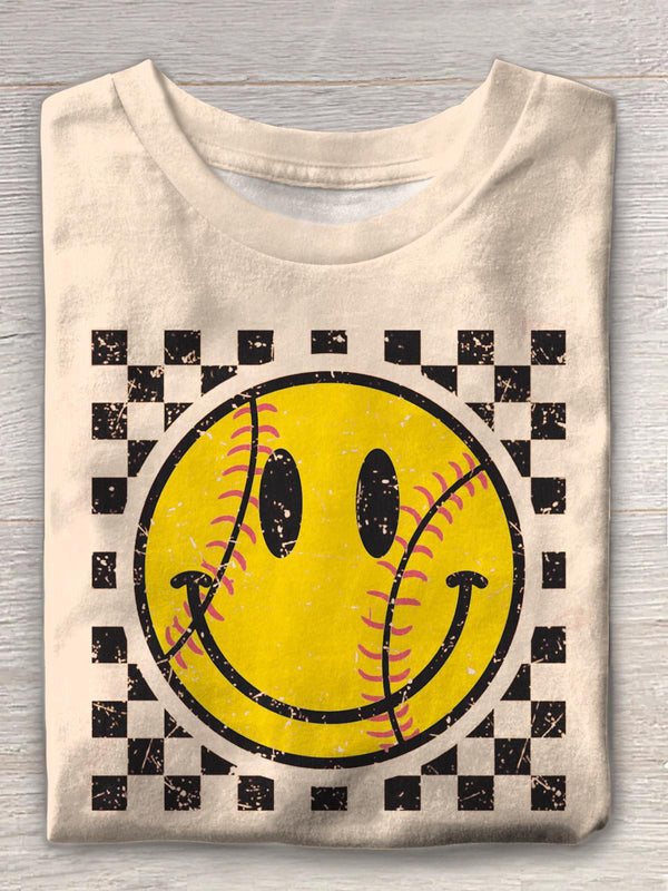 Camiseta retro de béisbol con cuello redondo y cara sonriente 