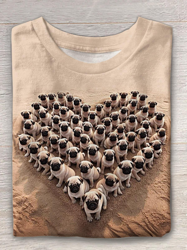 Cute Beach Love Puppy Print Crew Neck T-shirt