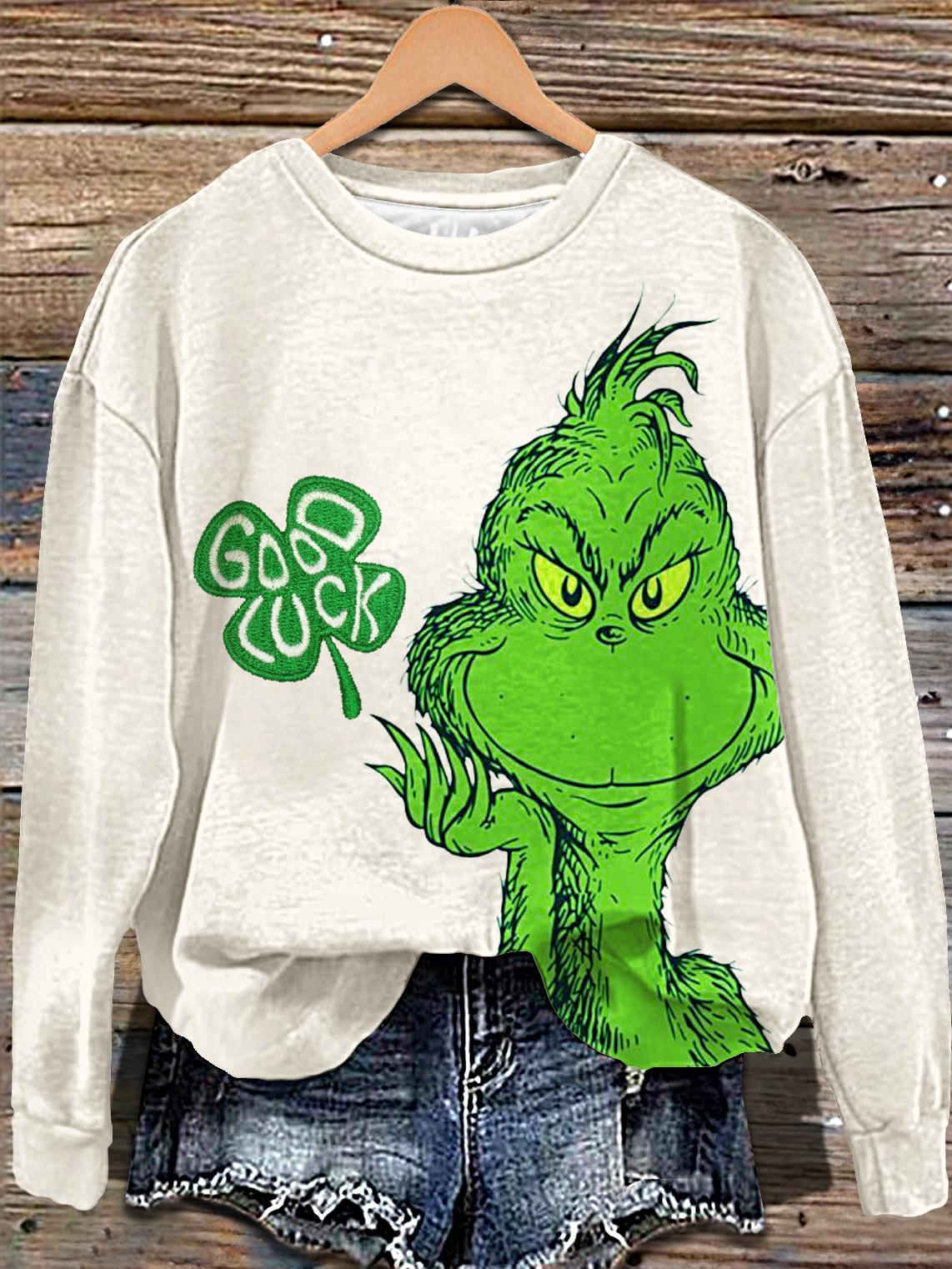 St. Patrick's Four-leaf Clover Cartoon Printed Long Sleeve Casual Top