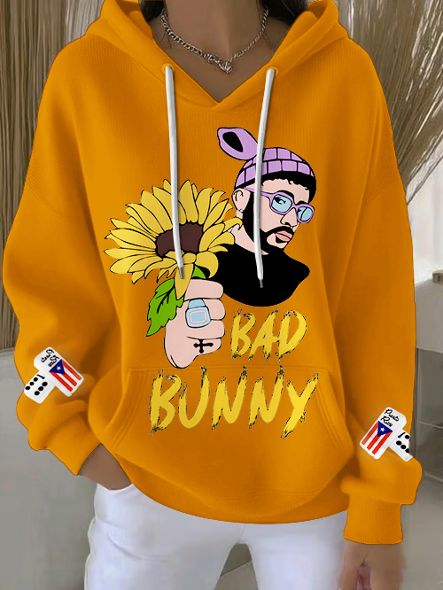 Bad Bunny Dodgers Sunflower Loose Fit Hooded Sweatshirt With Pockets