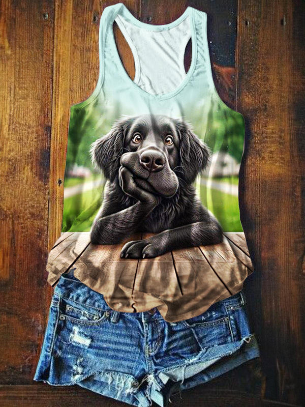 Women's Cute Puppy Print Crew Neck All Over Printed Tank Top