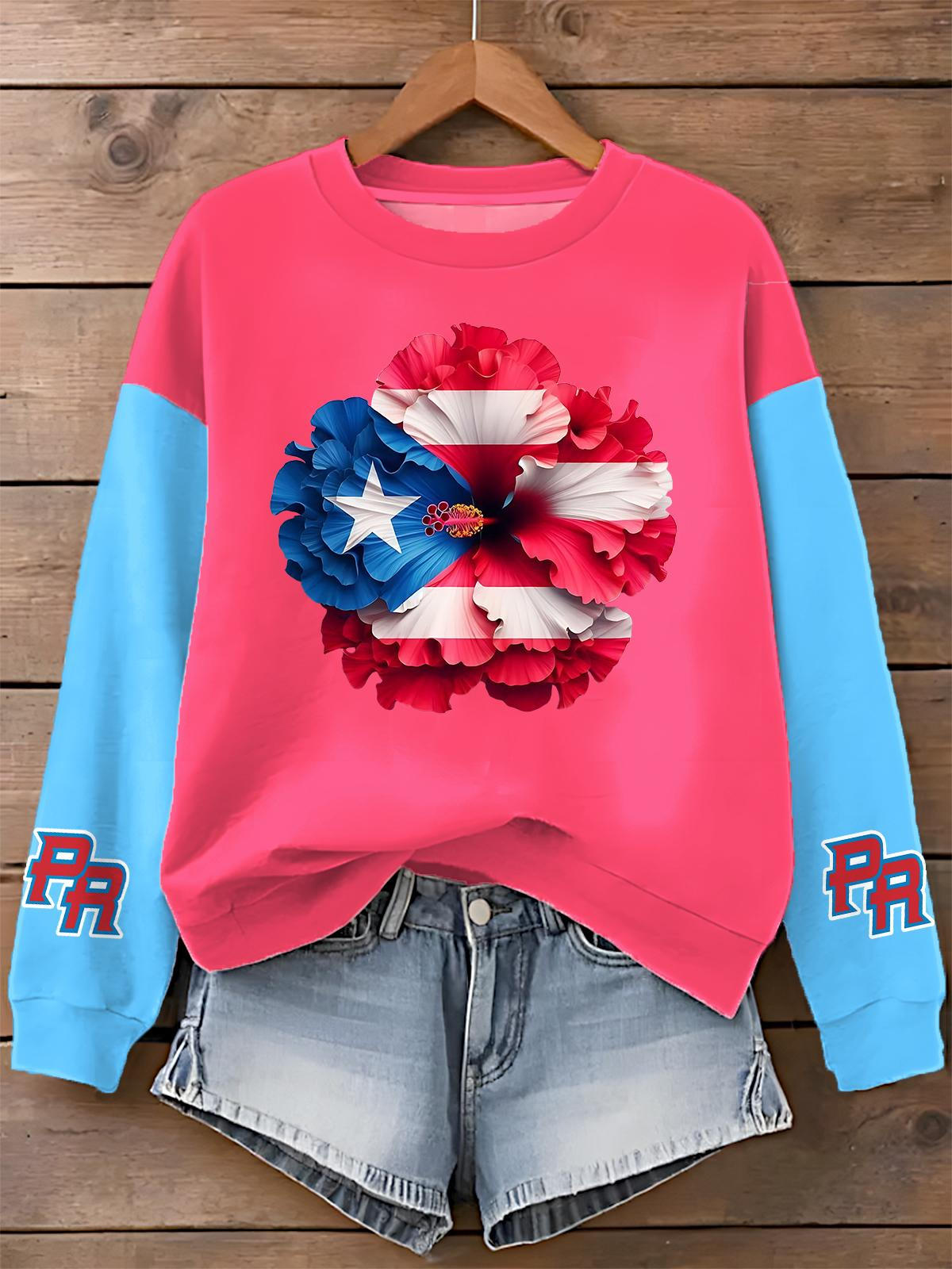 Puerto Rican Print Long Sleeve Casual Top