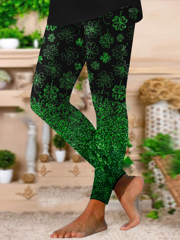 St Patrick Day Four Leaf Clover Print Leggings