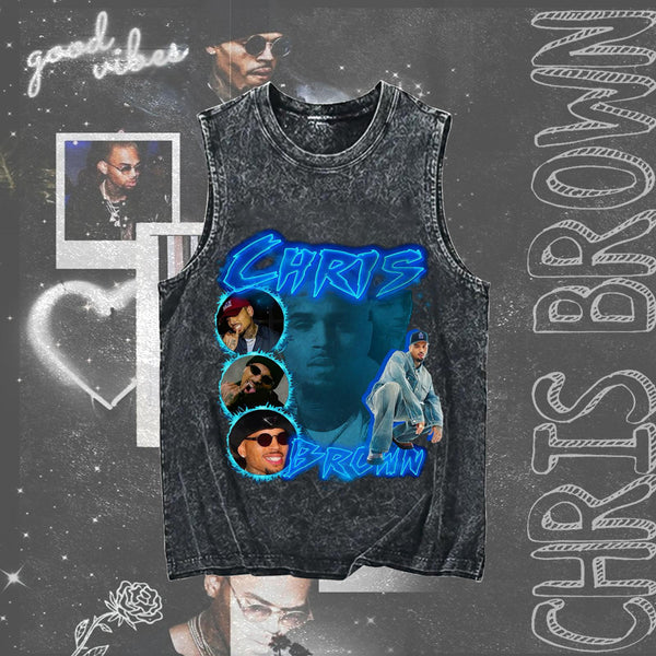 Chris Brown Washed Cotton Round Neck Sleeveless Vest