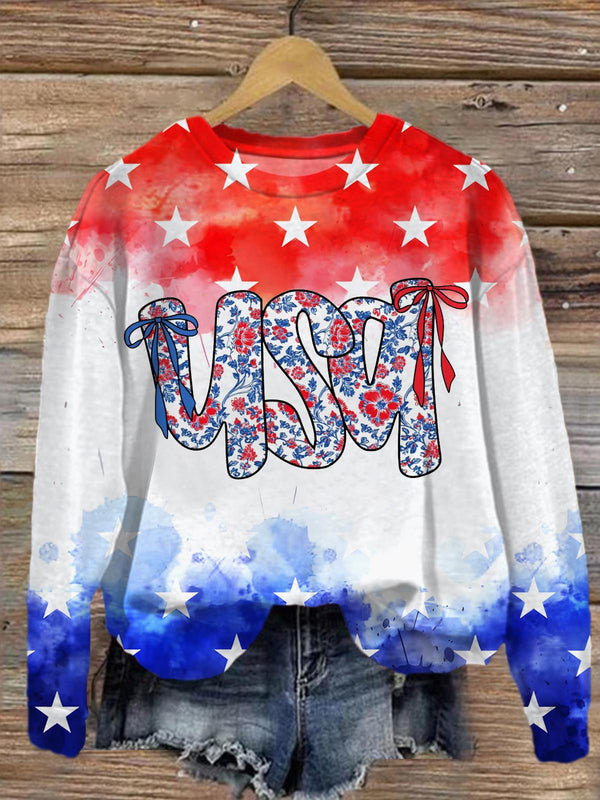 Floral Coquette USA Printed Long Sleeve Casual Top