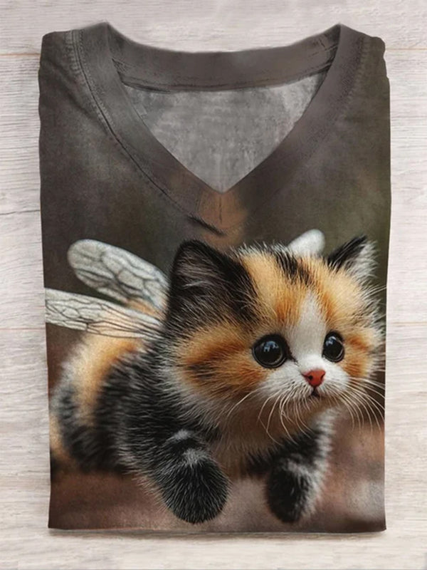 Funny Animals Cute Cat Imitation Bee Forest Print Casual T-shirt