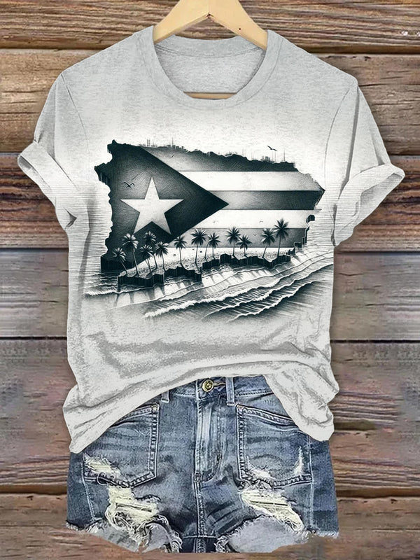 Puerto Rico Black and White Simple Crew Neck T-shirt
