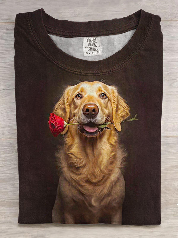 Cute Valentine's Day Rose Puppy Print Crew Neck T-shirt