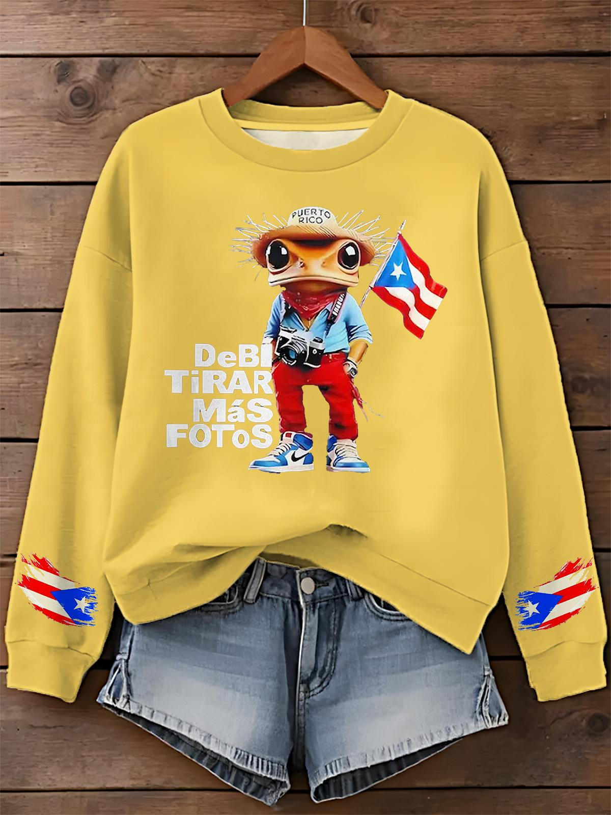 Puerto Rican Frog Print Long Sleeve Casual Top