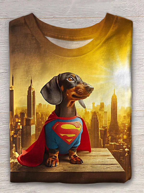 Cute Superman Dachshund Print Crew Neck T-shirt