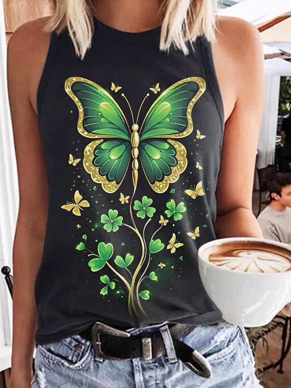 Butterfly St. Patrick Day Print Casual Sleeveless Top