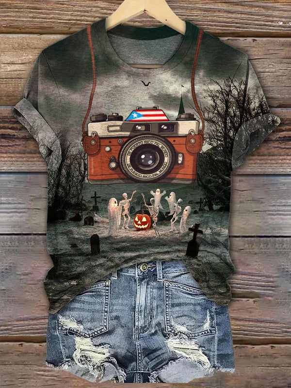 Puerto Rican Halloween Print Crew Neck T-shirt