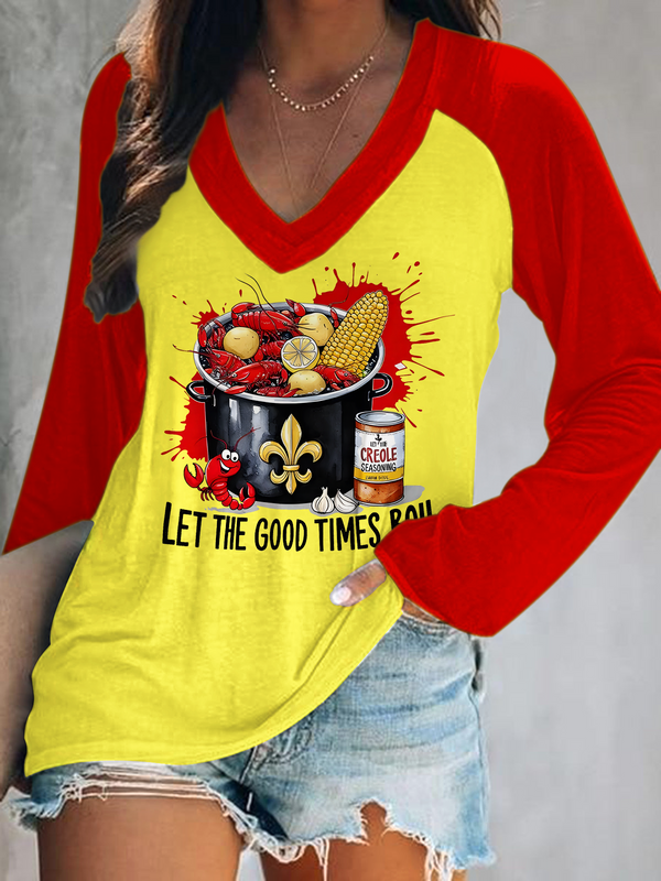 Crawfish Let The Good Times Boil Print V-Neck Long Sleeve Top