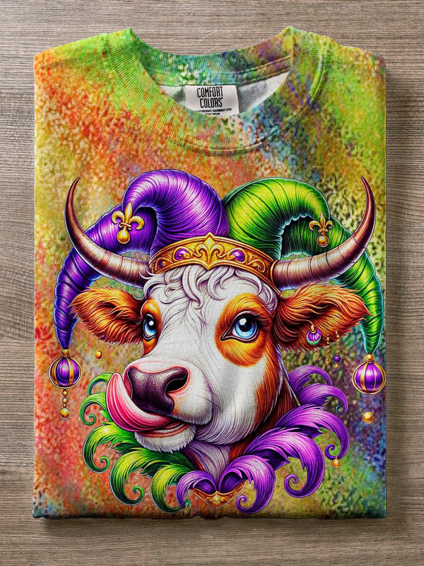 Mardi Gras Holiday Party Cow Hat Tie Dye Print Casual T-Shirt