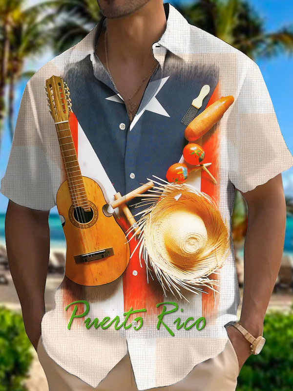 Puerto Rico Grasscloth Violin Straw Hat Men's Short Sleeve Shirts