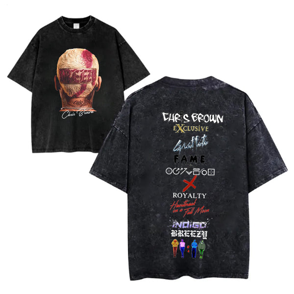 Camiseta de cuello redondo con retrato impreso a doble cara de ChrisBrown 