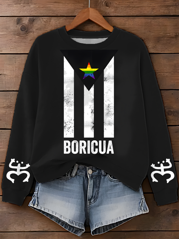 Boricua Puerto Rico Lgbtqia Flag Pride Month Printed Long Sleeve Casual Top