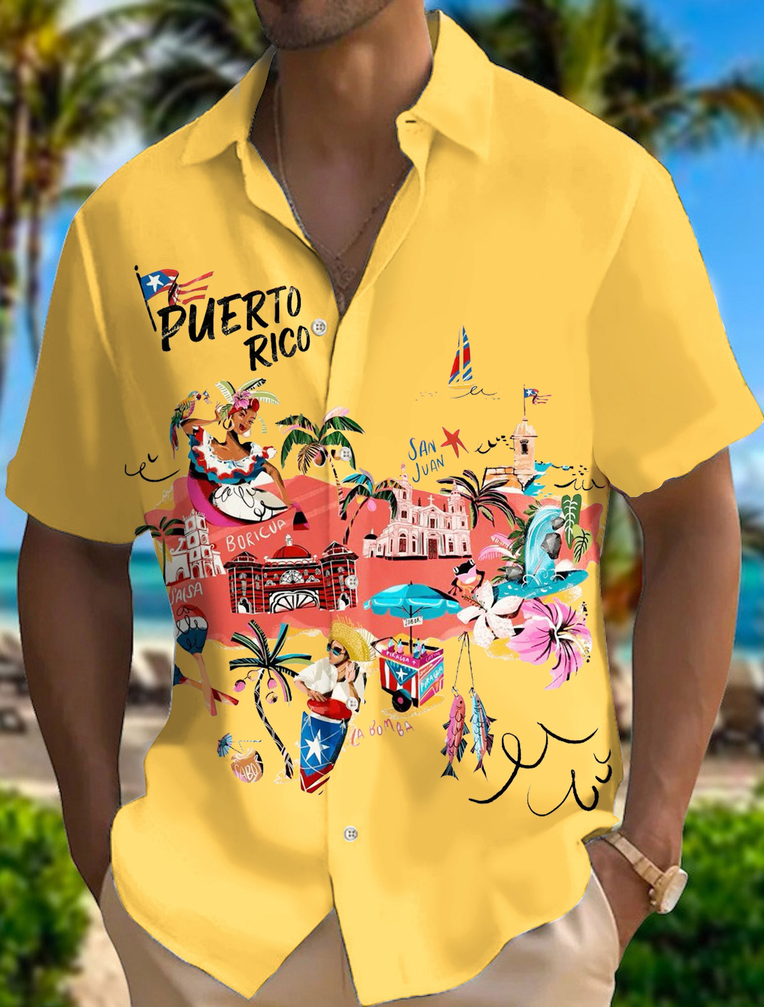 Puerto Rico Fun Print Men's Pocket Short Sleeve Shirt (Best Seller)
