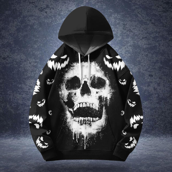 Halloween Skull Print Long Sleeve Hooded Pocket Sweatshirt