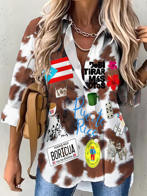 Women's Puerto Rican Badbunny Denim Print Casual Shirt