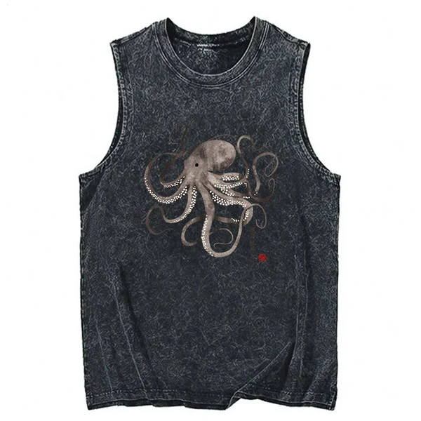 Octopus Japanese Calligraphy Tank Vintage Sleeveless Vest