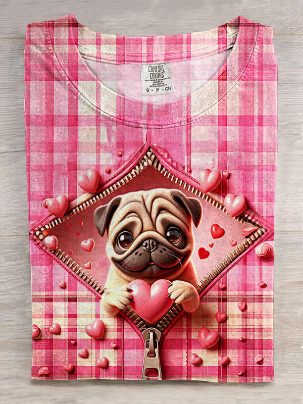 Valentine's Day Plaid Love Puppy Print Crew Neck T-shirt