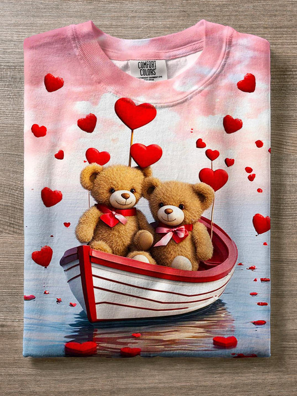 Valentine's Day Cute Boating Bear Print Crew Neck T-shirt