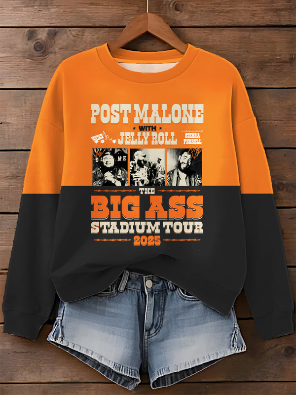 Malone And Jelly Concert Black And Orange Printed Long Sleeve Casual Top