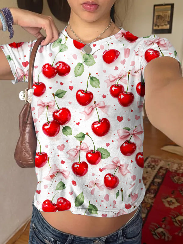 Love Bow Cherry Print Casual Short Sleeve T-Shirt